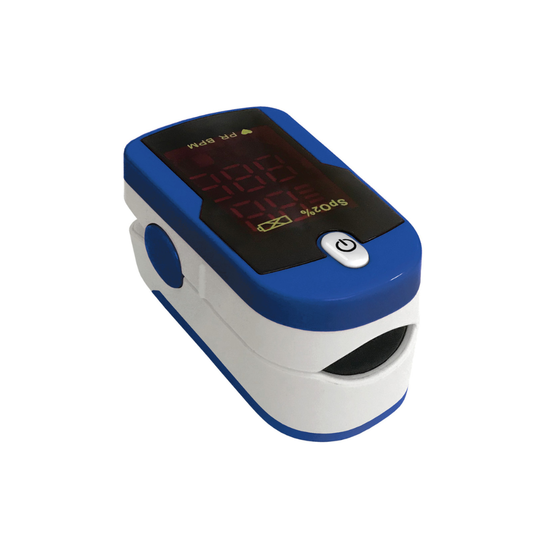 The Prestige Medical Deluxe Fingertip Pulse Oximeter, in blue and white with a digital display, is shown against a white background as a Blood Oxygen and Pulse Rate Monitor.